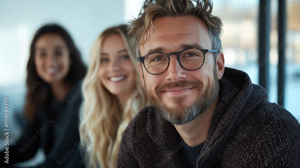 A man sporting glasses grins at the camera, exuding a sense of friendliness and approachability, while two individuals appear out of focus in the background. A man sporting glasses grins at the camera, exuding a sense of friendliness and approachability, while two individuals appear out of focus in the background.