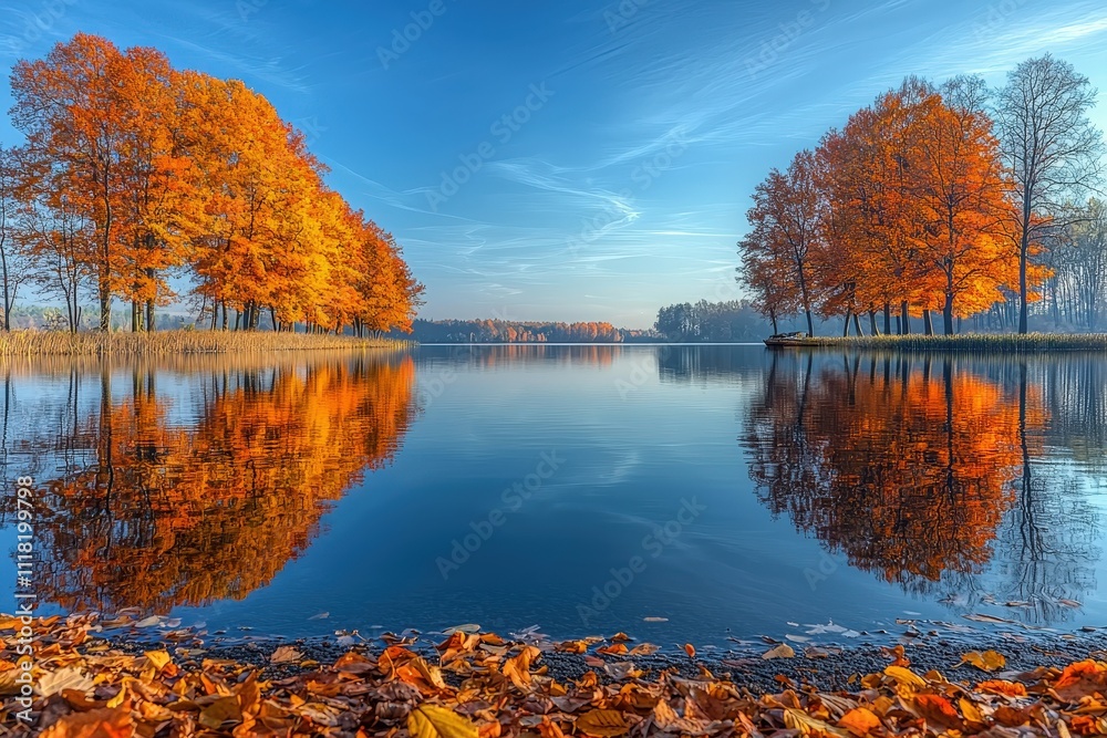 Obraz premium Tranquil autumn lake scene with vibrant foliage and blue sky reflections