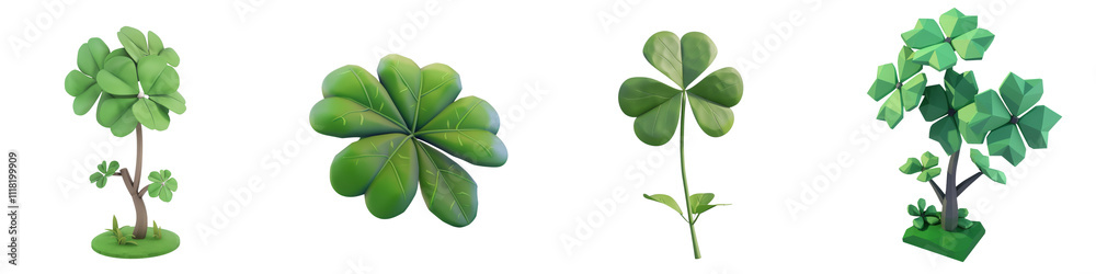 A collection of unique green clover plants, showcasing their diverse shapes and vibrant colors in a whimsical style. A collection of unique green clover plants, showcasing their diverse shapes and vibrant colors in a whimsical style.