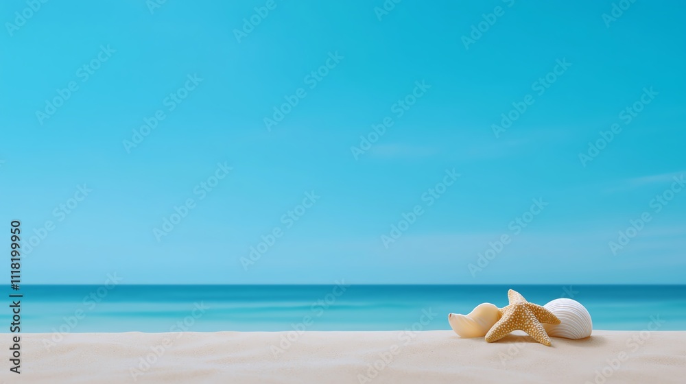 Serene beach scene with seashell on sandy shore under clear blue sky, evoking peace and relaxation. Serene beach scene with seashell on sandy shore under clear blue sky, evoking peace and relaxation.