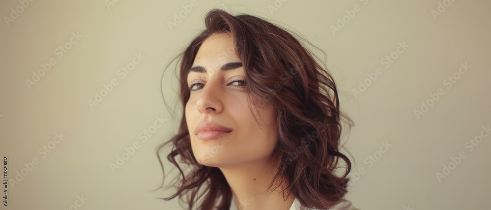 A confident woman with a subtle smile gazes directly, exuding poise and self-assurance in a soft, neutral setting.