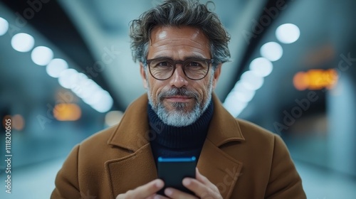 A mature man with a stylish coat and glasses, holding a smartphone in a modern subway station, surrounded by bright lights and a blurred background. photo