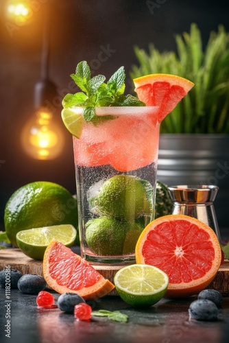  Un cóctel en un vaso alto lleno de hielo, decorado con rodajas de toronja, lima y hojas de menta, rodeado de frutas frescas en un fondo oscuro y cálido.
 photo