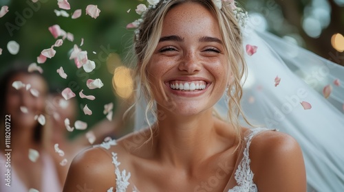 A bride with a floral crown beams with joy while celebrating her wedding, surrounded by a flurry of petals and friends, embodying love and happiness. photo