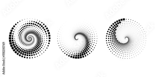 Set of black square halftone dots in vortex form. Geometric art. Trendy design element for logo, tattoo, sign, symbol, web, prints, posters, social media, template, pattern, abstract backdrop