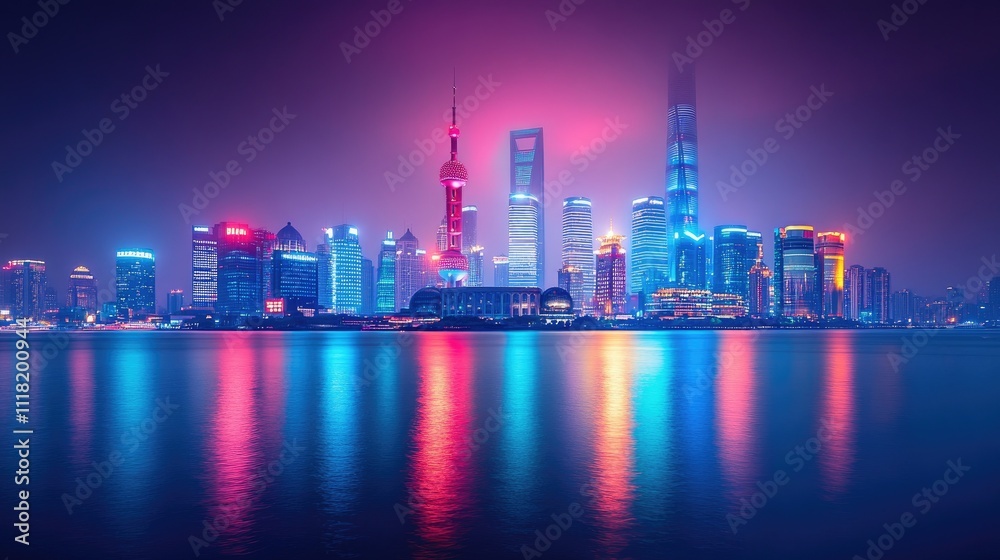 Fototapeta premium Vibrant nighttime cityscape reflected in calm water.