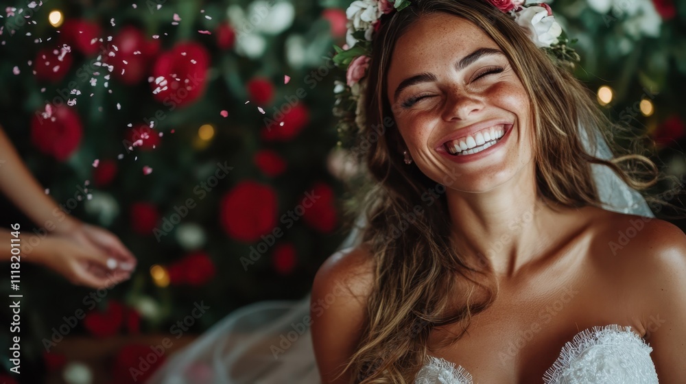 Charming bride in an elegant gown adorned with a floral crown and surrounded by a stunning floral backdrop, radiating love and joy on her momentous day. Charming bride in an elegant gown adorned with a floral crown and surrounded by a stunning floral backdrop, radiating love and joy on her momentous day.
