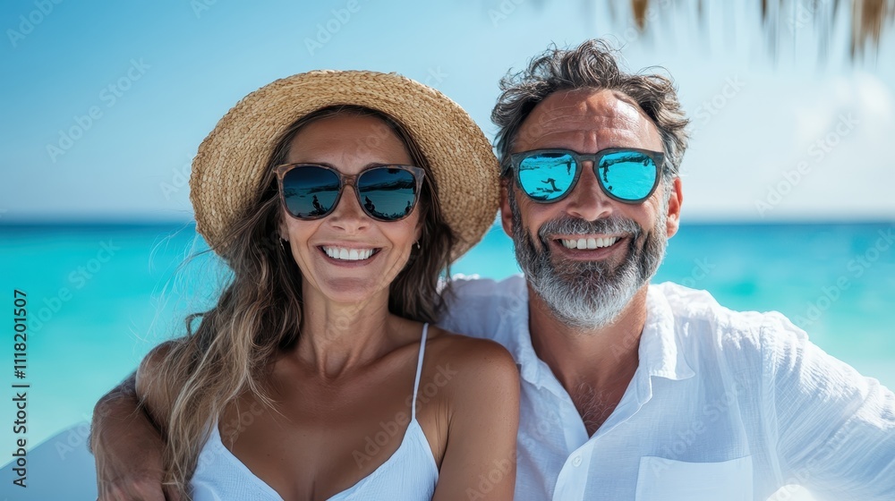 A content couple in sunglasses and beachwear sit comfortably by a vibrant ocean, enjoying the sunshine and serene environment, reflecting peace and relaxation in their smiles. A content couple in sunglasses and beachwear sit comfortably by a vibrant ocean, enjoying the sunshine and serene environment, reflecting peace and relaxation in their smiles.