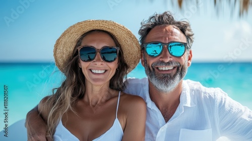 A content couple in sunglasses and beachwear sit comfortably by a vibrant ocean, enjoying the sunshine and serene environment, reflecting peace and relaxation in their smiles.