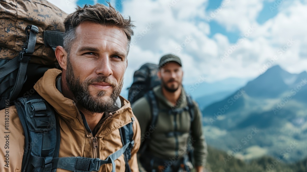 Two hikers, equipped with backpacks, trek through a scenic mountain landscape under a bright, clear sky, embracing adventure and the beauty of nature. Two hikers, equipped with backpacks, trek through a scenic mountain landscape under a bright, clear sky, embracing adventure and the beauty of nature.