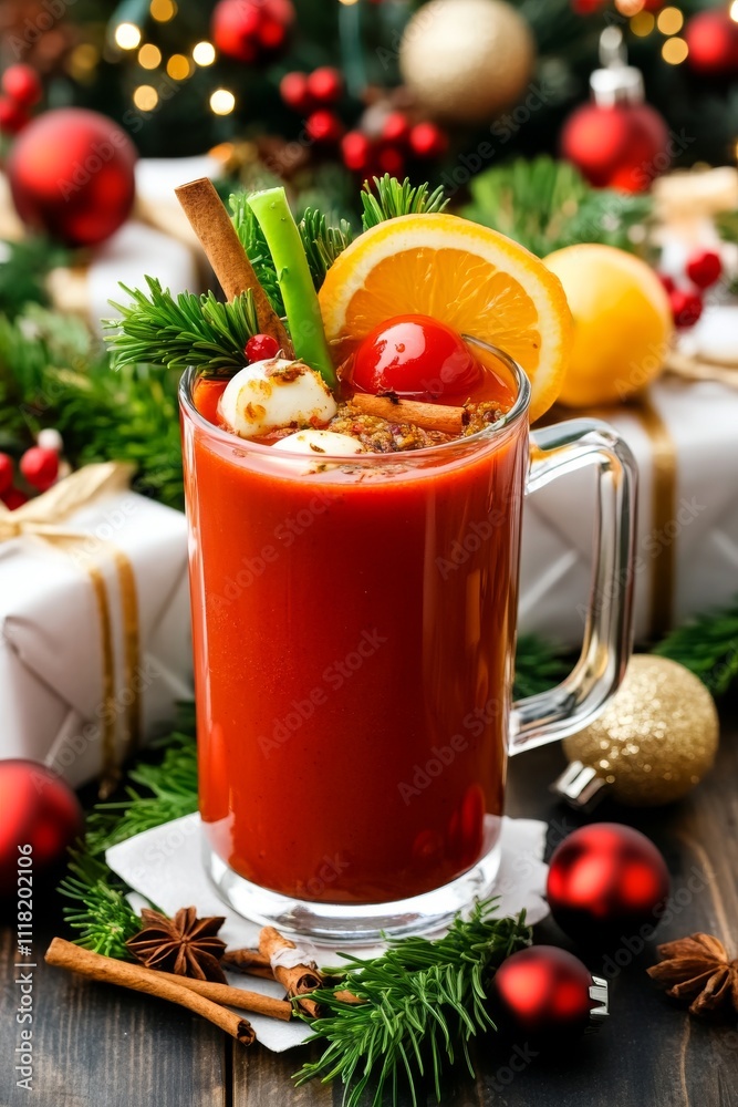 Fototapeta premium Un cóctel rojo en una taza de vidrio adornada con apio, naranja y cereza, rodeado de decoración navideña con pinos y regalos. 