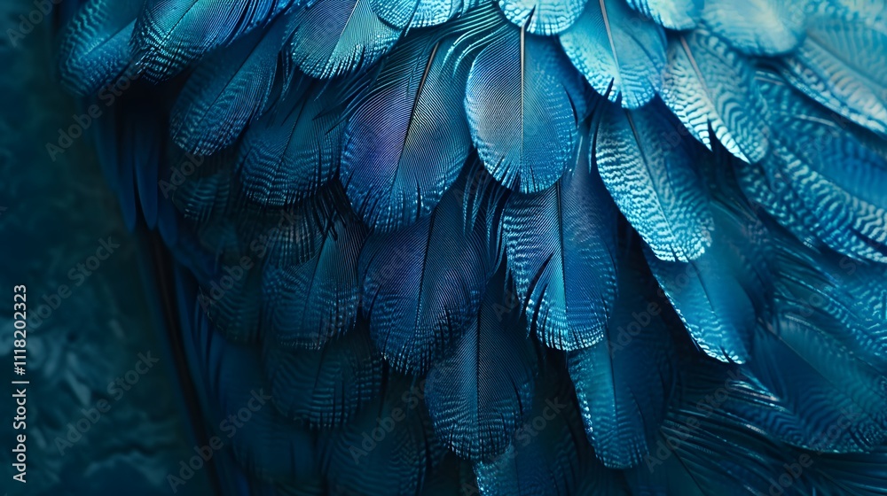 Close-up view of vibrant, deep blue bird feathers. Close-up view of vibrant, deep blue bird feathers.