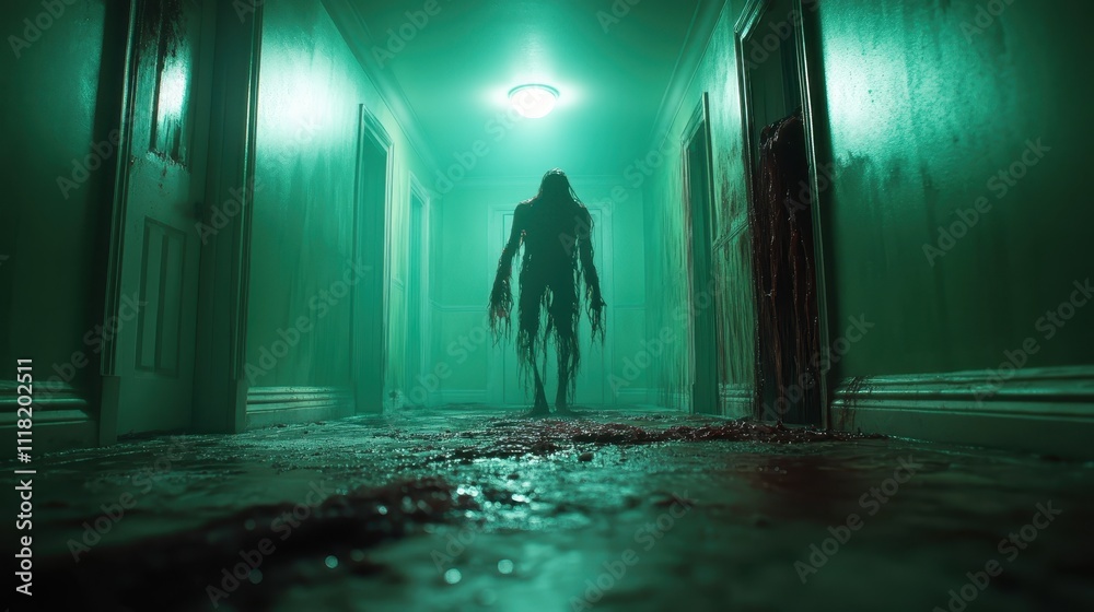 A dark silhouette of a menacing figure ominously lurks at the end of a dimly lit hallway, casting an aura of fear and suspense, against the eerie green backdrop. A dark silhouette of a menacing figure ominously lurks at the end of a dimly lit hallway, casting an aura of fear and suspense, against the eerie green backdrop.