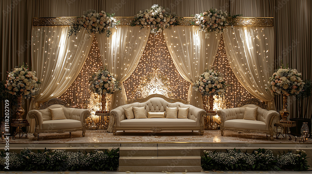 Obraz premium Glamorous Wedding Stage: A luxurious and romantic wedding ceremony stage adorned with elegant drapes, shimmering lights, and lush floral arrangements.