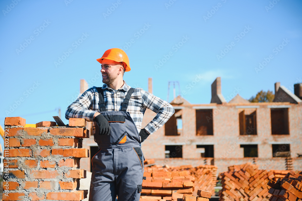 Construction worker in uniform and safety equipment have job on building Construction worker in uniform and safety equipment have job on building