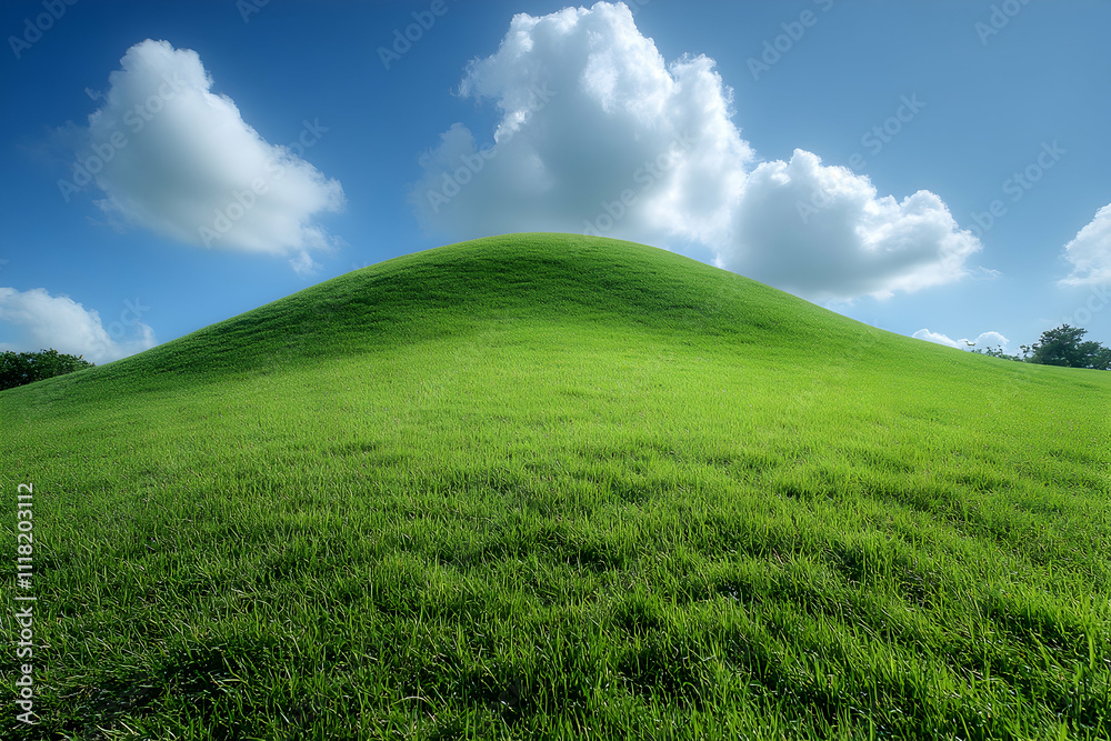 Fototapeta premium Lush green hill under a vibrant blue sky with fluffy white clouds.