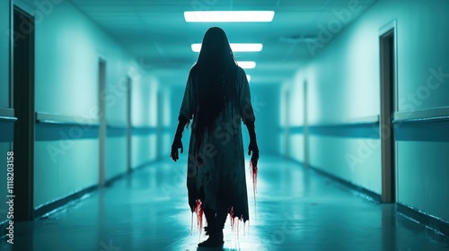 A shadowy, bloodied figure stands eerily in a hospital corridor under harsh lights, creating an unsettling scene filled with suspense and dread.