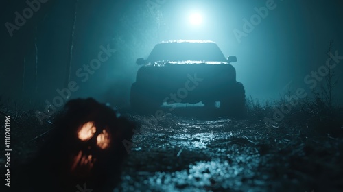 A mysterious car sits under moonlight in a dark forest, with an eerily illuminated skull lying on the ground, evoking feelings of danger and intrigue. photo