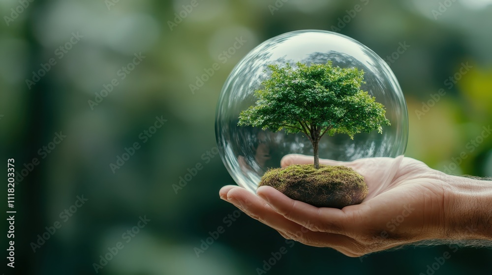 A vibrant tree within a transparent glass dome held by a hand signifies the importance of ecological preservation and human responsibility towards the planet. A vibrant tree within a transparent glass dome held by a hand signifies the importance of ecological preservation and human responsibility towards the planet.