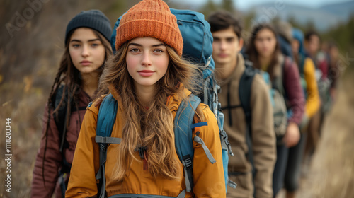 A group of young adult backpackers hiking through fottests and woodlands