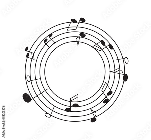 Music notes wave. Music composition and production. Melodies and songs. Brochure and booklet. Round with half and eighth notes. Flat vector illustration