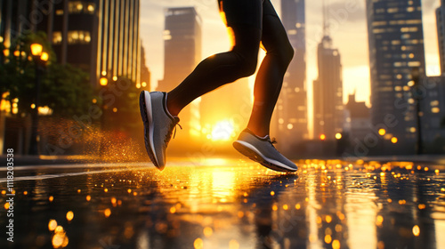 Jogger splashing through wet city streets at sunrise photo