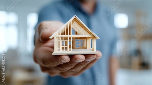 A detailed, wooden house model held confidently in an outstretched hand, indicating craftsmanship and construction amidst a blurred, neutral setting.