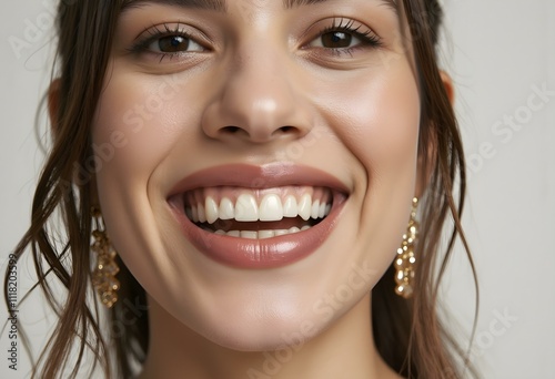 Close up of a beautiful happy bride's face smiling a beautiful smile with white teeth _ Beautiful happy bride  photo