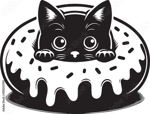 Cat peeking through a donut hole black silhouette vector