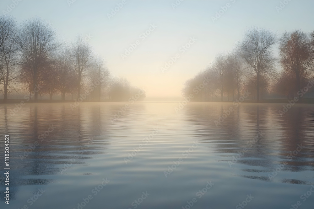 Misty sunrise over calm river, trees reflected in still water. Misty sunrise over calm river, trees reflected in still water.