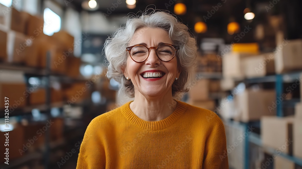 Joyful senior woman smiling in warehouse lifestyle photography indoor Joyful senior woman smiling in warehouse lifestyle photography indoor