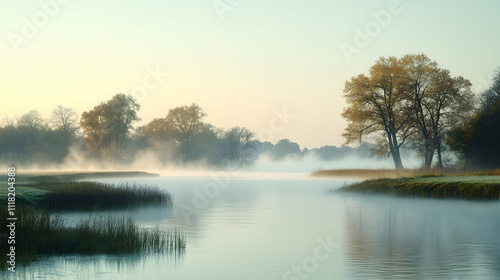 Wallpaper Mural Misty sunrise over calm river with trees. Torontodigital.ca