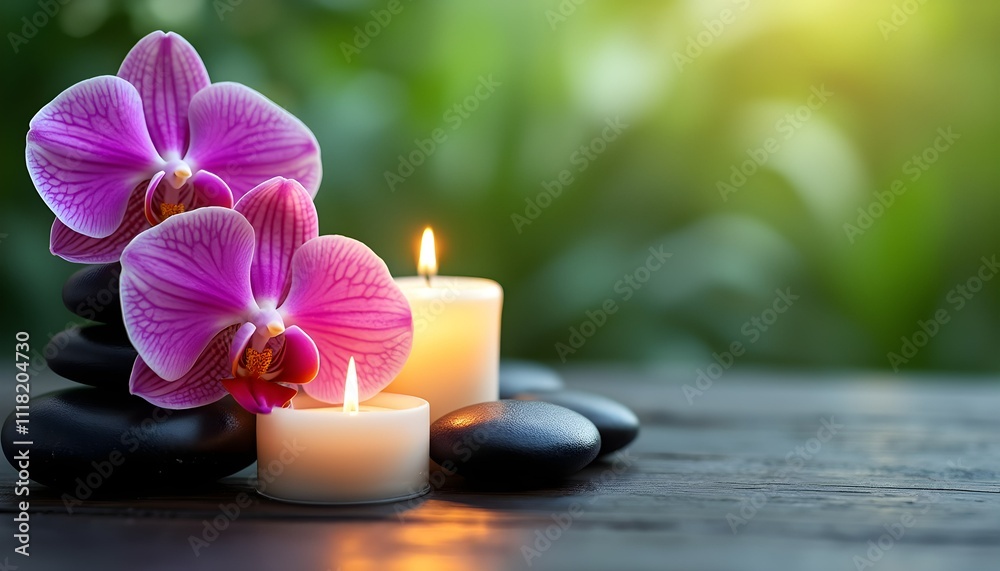 Elegant Spa Decor with Orchid Flowers, Candles, and Stones in Garden Elegant Spa Decor with Orchid Flowers, Candles, and Stones in Garden