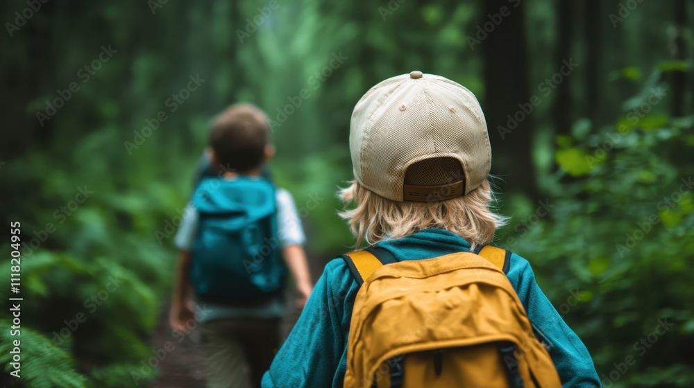 Two children hike a lush forest trail, their backpacks and energy highlighting their anticipation and joy as they explore the wilderness on a warm, sunny day. Two children hike a lush forest trail, their backpacks and energy highlighting their anticipation and joy as they explore the wilderness on a warm, sunny day.