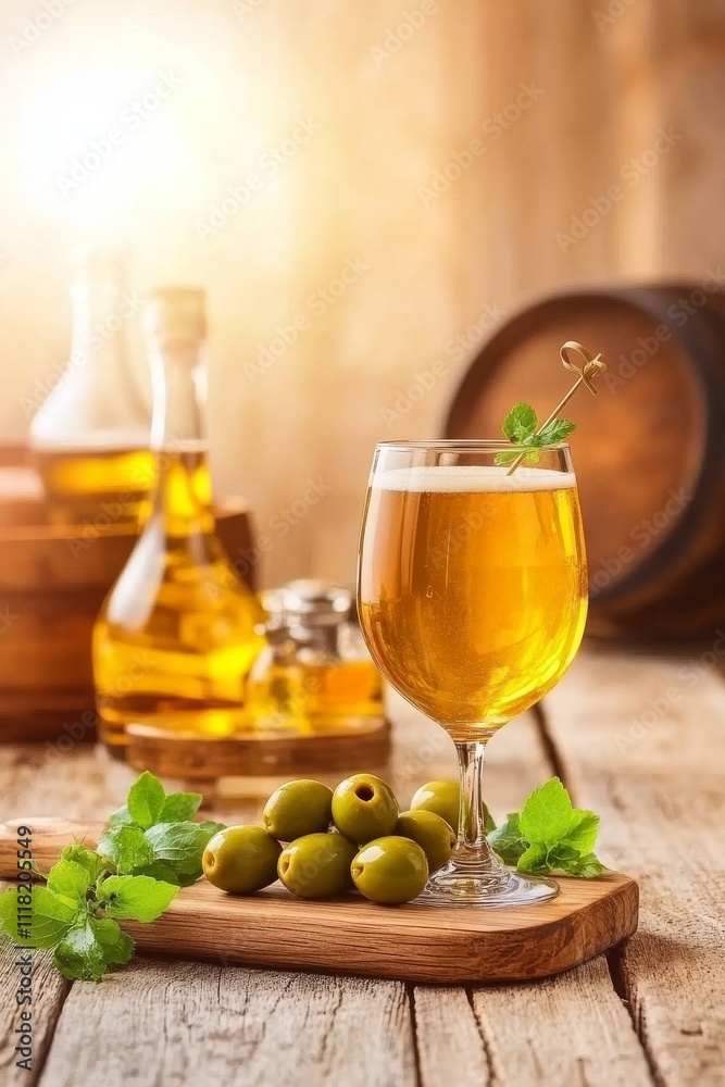 Copa de cerveza dorada con aceitunas verdes en una tabla de madera. Fondo rústico con barriles y botellas doradas.
Copa de cerveza dorada con aceitunas verdes en una tabla de madera. Fondo rústico con barriles y botellas doradas.