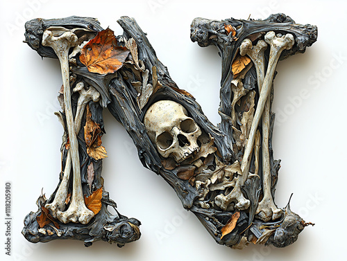 alphabet, bones, letters, skeleton, spooky, eerie, creepy, horror, gothic, macabre, anatomy, skull, spine, ribcage, femur, tibia, fibula, humerus, ulna, radius, clavicle, scapula, pelvis, vertebrae, m