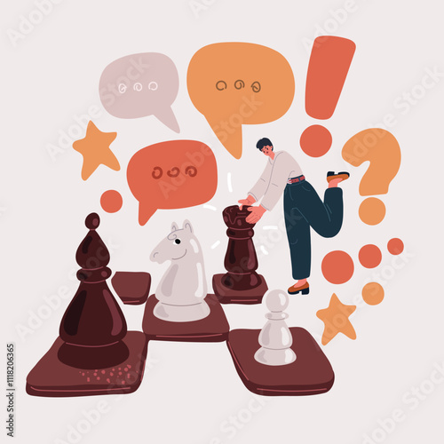 Vector illustration of the concept of a woman playing chess as a symbol of strategic thinking in business