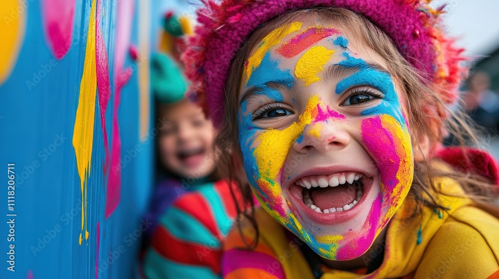 A joyful child with vibrant, colorful face paint embodies the essence of creativity and fun, reflecting pure happiness and the carefree spirit of childhood exploration. A joyful child with vibrant, colorful face paint embodies the essence of creativity and fun, reflecting pure happiness and the carefree spirit of childhood exploration.