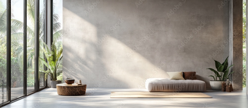 Minimalist living room with a futon and a large window. Minimalist living room with a futon and a large window.