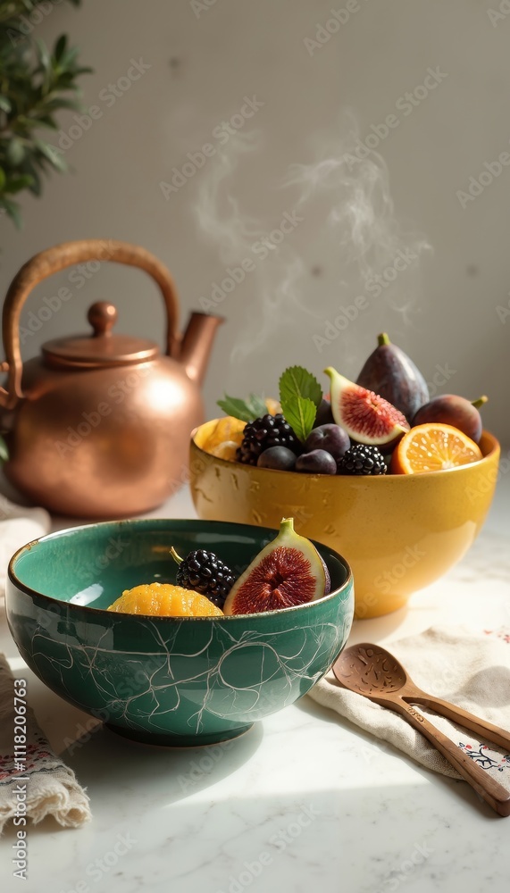 Colorful bowls filled with fresh fruits beside a copper kettle Colorful bowls filled with fresh fruits beside a copper kettle