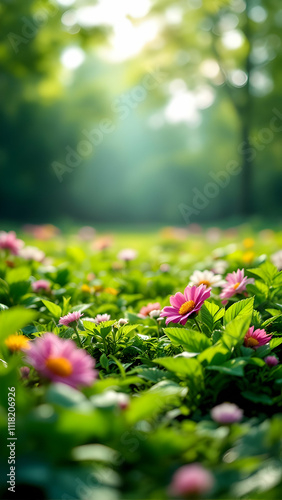 Closeup of pink flowers in a field. Sunlight streams through green foliage, creating a soft, dreamy effect. Beautiful floral springtime scene.