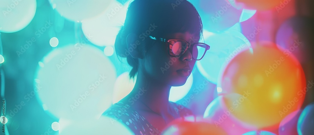 Fototapeta premium A young person, illuminated by vibrant, colorful lights, gazes contemplatively into the distance amidst balloons.