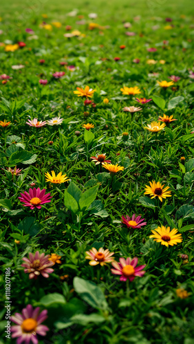 A vibrant meadow bursts with colorful daisies in various shades of pink, yellow, and orange, scattered amidst lush green grass. The flowers are in full bloom, creating a stunning natural scene.