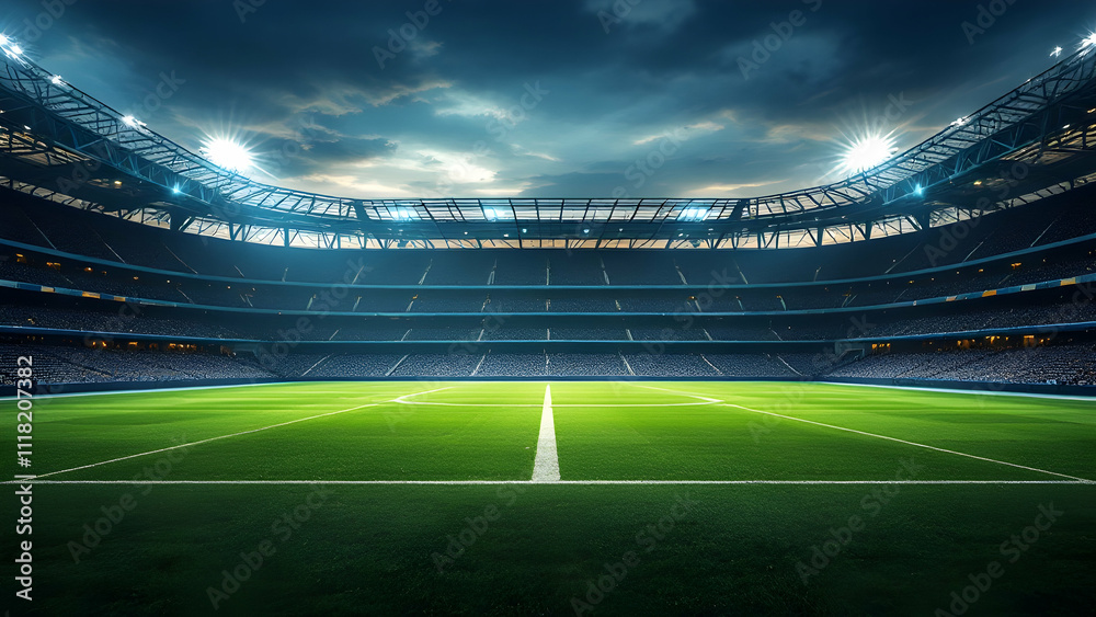 A nighttime view of an empty soccer stadium with bright lights illuminating the green field and empty seats. The atmosphere is dramatic and evocative.