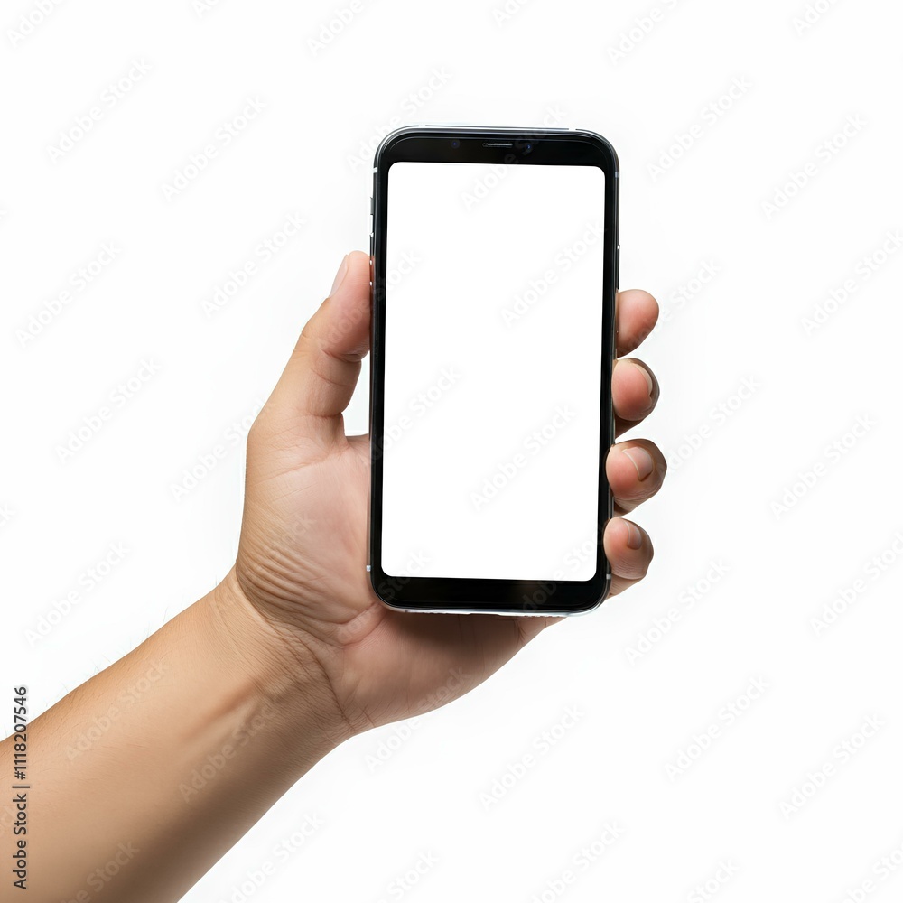 白い画面の携帯電話を持つ手、白背景|Hands holding cell phone with white screen, white background 白い画面の携帯電話を持つ手、白背景|Hands holding cell phone with white screen, white background