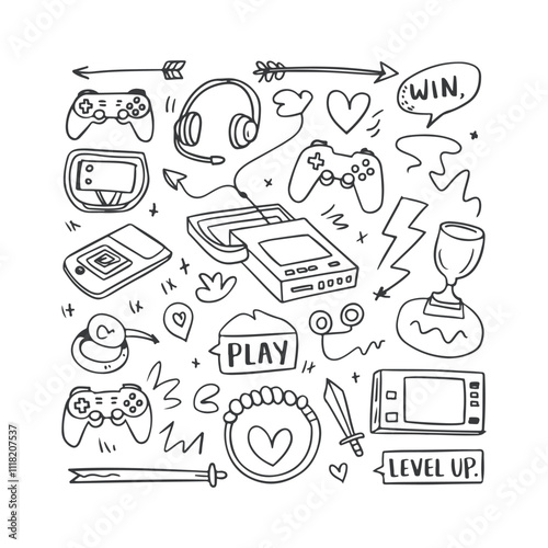 Video game hand drawn doodle set Vector Design Illustration