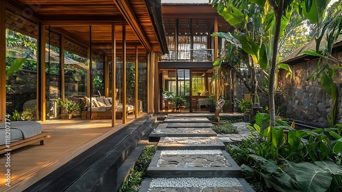 Modern tropical house with stone pathway, wooden terrace, and lush greenery.