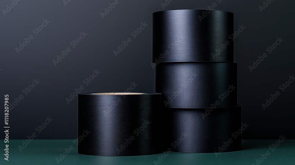 Insulation Tape Concept, Set of Black Insulation Tapes with Subtle Reflections on a Dark Background