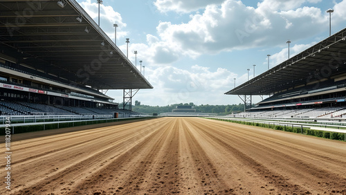 A deserted horse racing track on a sunny day. Empty grandstands under large canopies flank a wellmaintained dirt track.