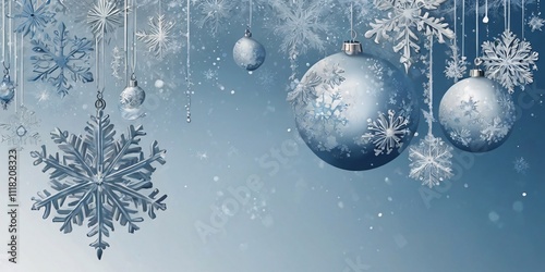 Festive christmas ornaments advent celebration holiday holidays banner greeting card. Blue christmas background with snowflakes and christmas balls	